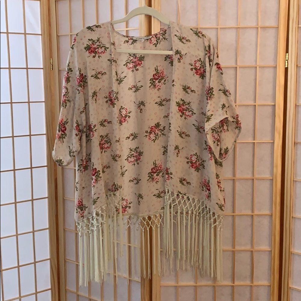 Floral Short Kimono with Cream Fringe